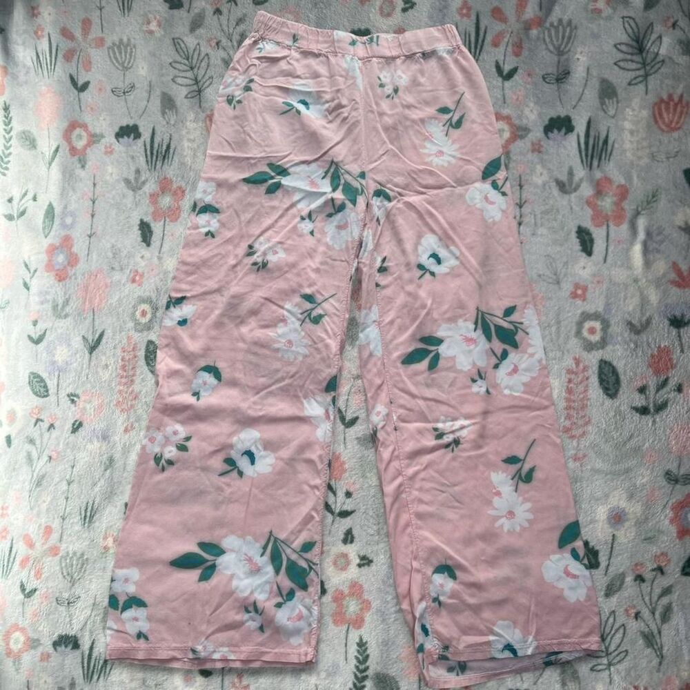 Pink Floral Wide Leg Flowy Pants Kid XL - Y2K Preppy Coquette Boho Cottage Retro